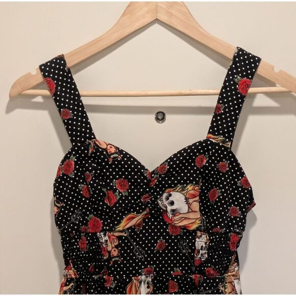 EUC Hot Topic 2013 S Cotton Rose and Flaming Skull Polka Dot Pinup Dress - Picture 2 of 4